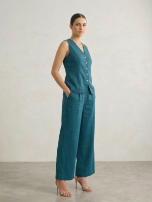 Teal Linen Waistcoat & Trousers Co-ord Set